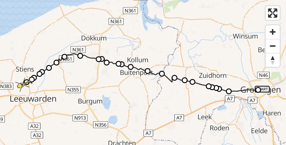Vluchtroute Ambulancehelikopter van Universitair Medisch Centrum Groningen naar Vliegbasis Leeuwarden