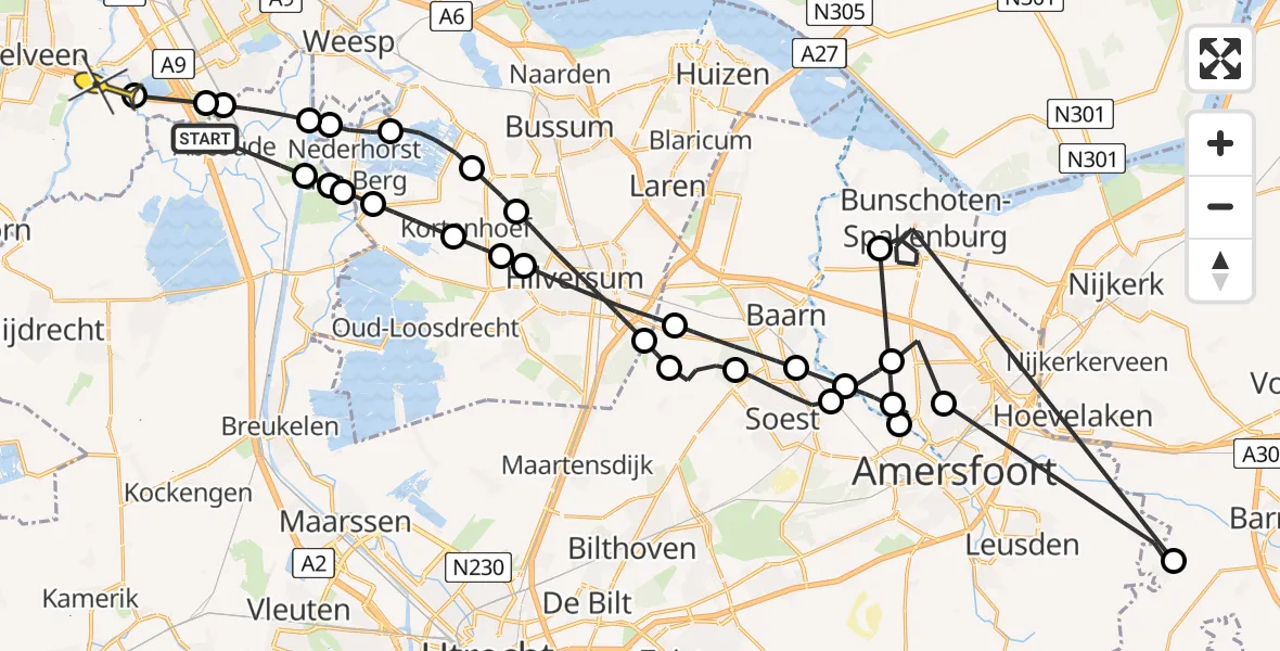 Routekaart van de vlucht: Politieheli naar Ouderkerk aan de Amstel, Willem van Abcoudelaan