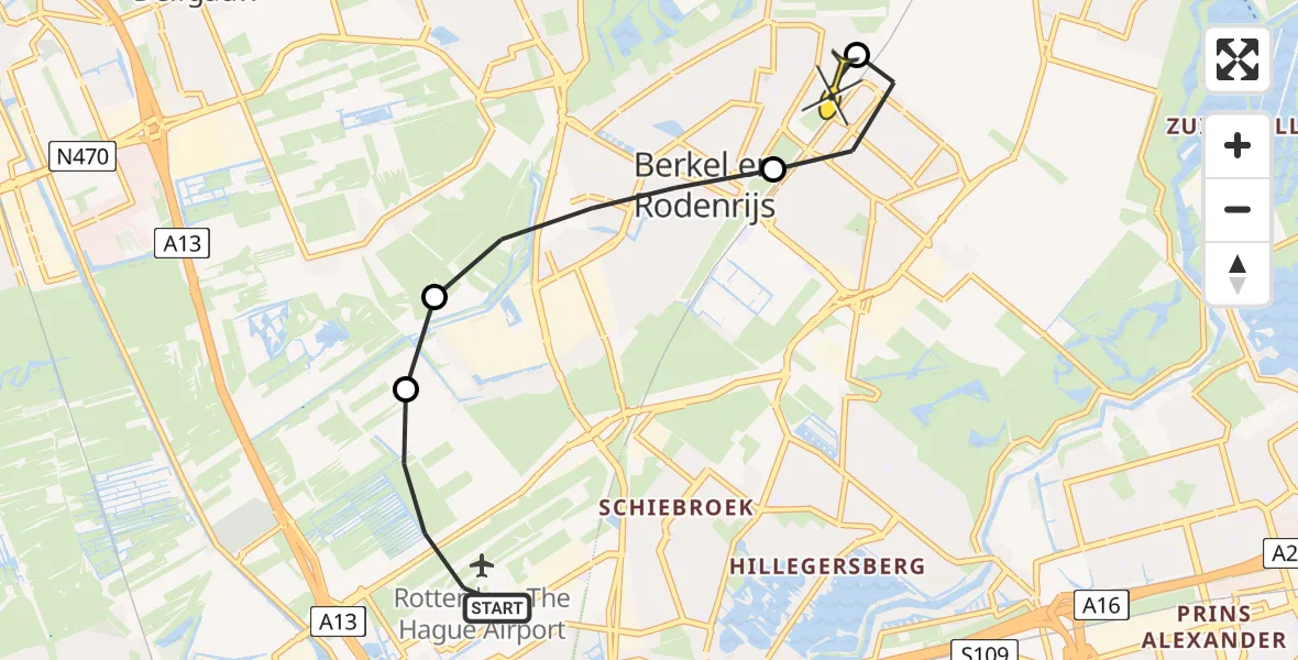 Routekaart van de vlucht: Lifeliner 2 naar Berkel en Rodenrijs, Bachplein