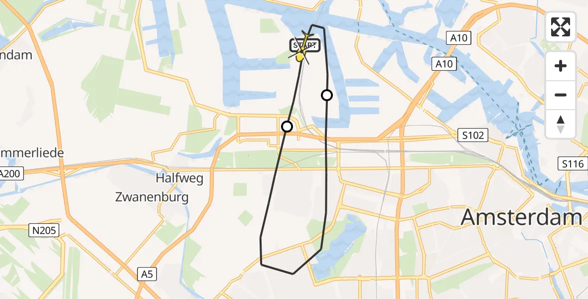 Routekaart van de vlucht: Lifeliner 1 naar Amsterdam Heliport, Nieuw-Zeelandweg