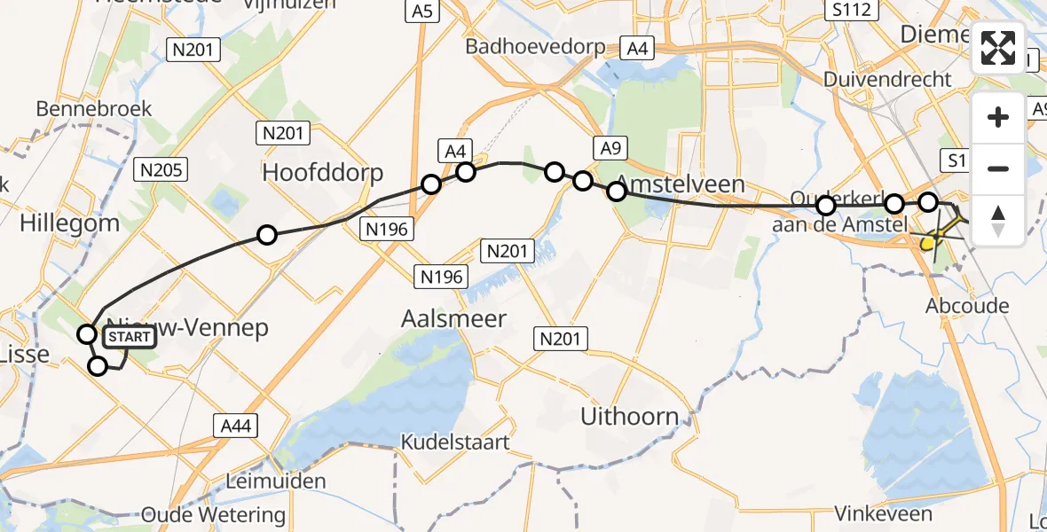 Routekaart van de vlucht: Lifeliner 1 naar Academisch Medisch Centrum (AMC), Leimuiderweg