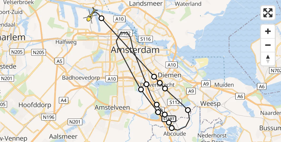 Routekaart van de vlucht: Lifeliner 1 naar Amsterdam Heliport, Capriweg