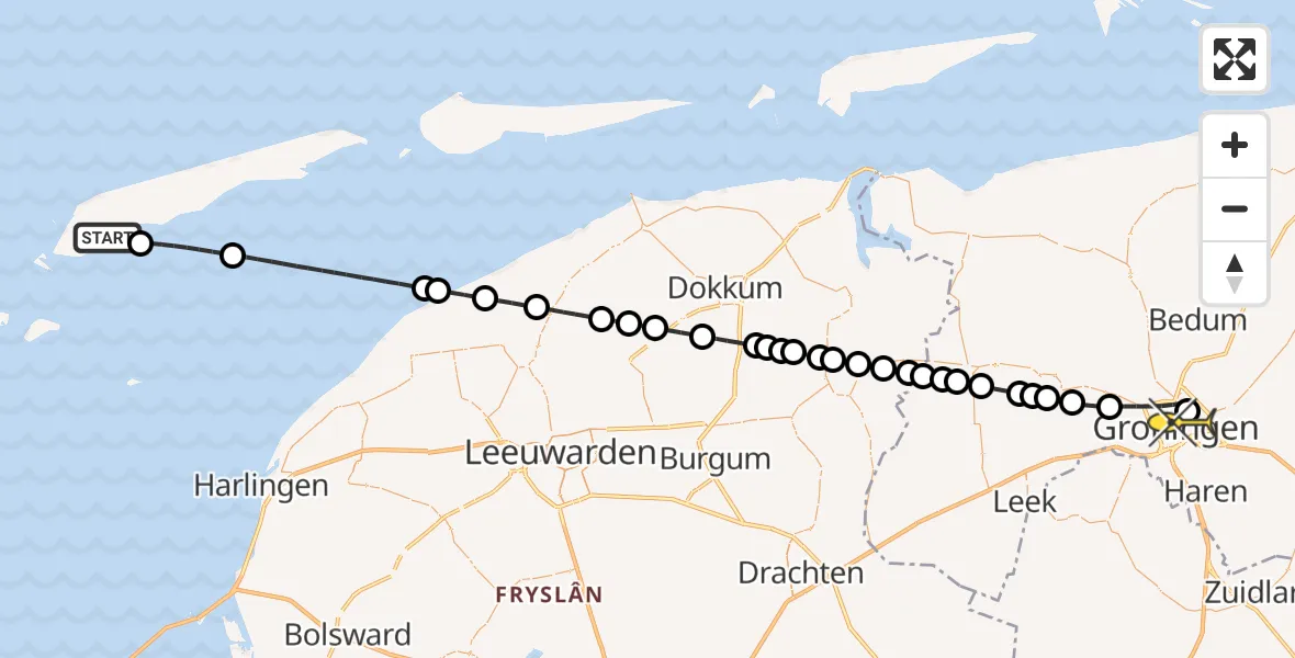 Routekaart van de vlucht: Lifeliner 4 naar Universitair Medisch Centrum Groningen, De Vleugel