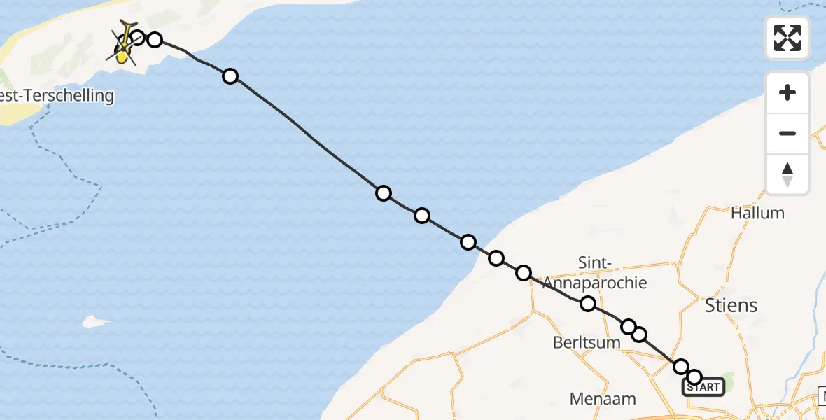 Routekaart van de vlucht: Ambulanceheli naar Midsland, Dyksterhuzen