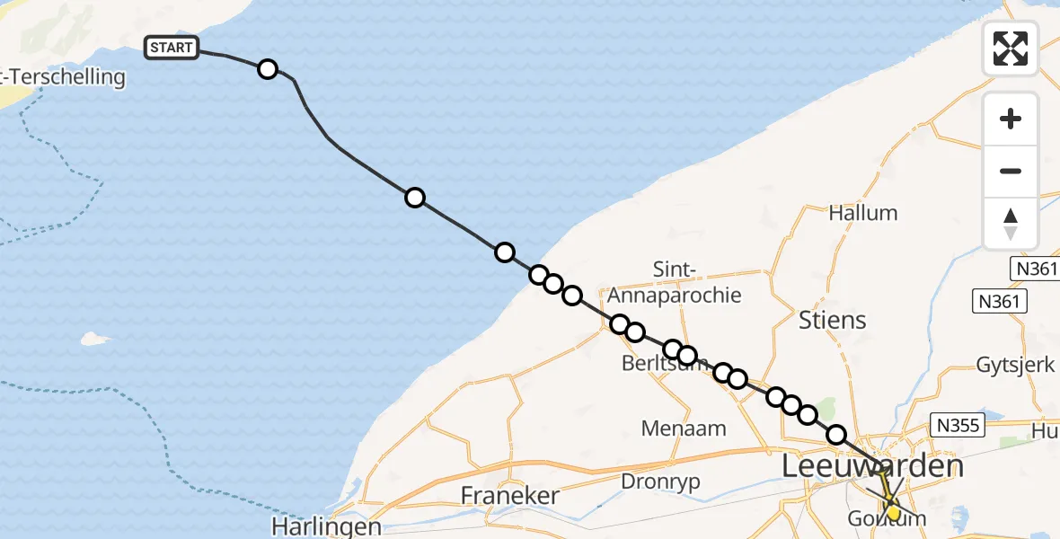 Routekaart van de vlucht: Ambulanceheli naar Leeuwarden, De Keag