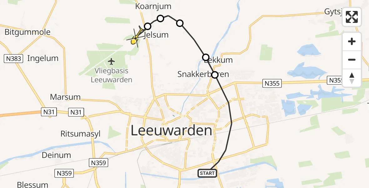Routekaart van de vlucht: Ambulanceheli naar Vliegbasis Leeuwarden, Langdeelstraat