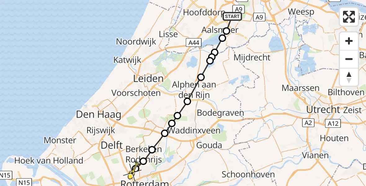 Routekaart van de vlucht: Politieheli naar Rotterdam The Hague Airport, A.H. Blaauwstraat