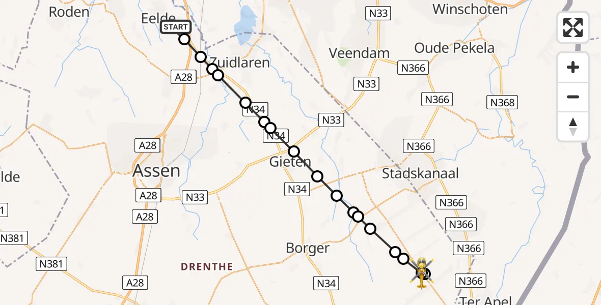 Vluchtroute Traumahelikopter Groningen Airport Eelde - 2e Exloërmond, 28 januari 2025, 07:17