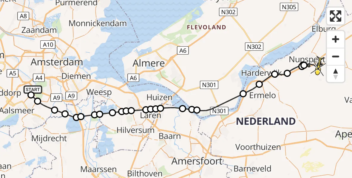 Routekaart van de vlucht: Politieheli naar Nunspeet, Westerkimweg