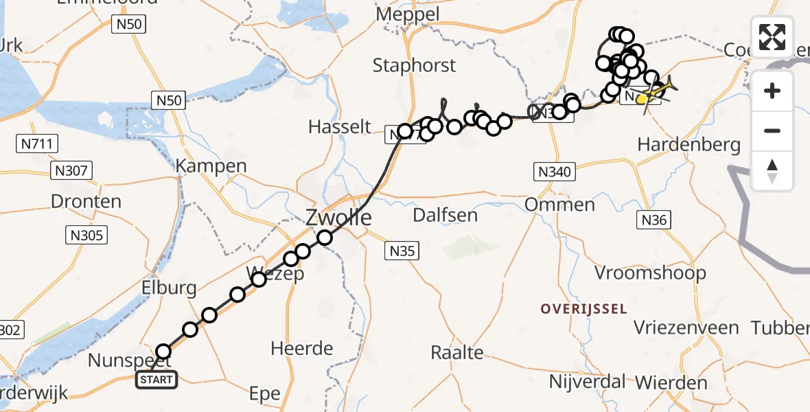 Routekaart van de vlucht: Politieheli naar Slagharen, Zwarte Dijk