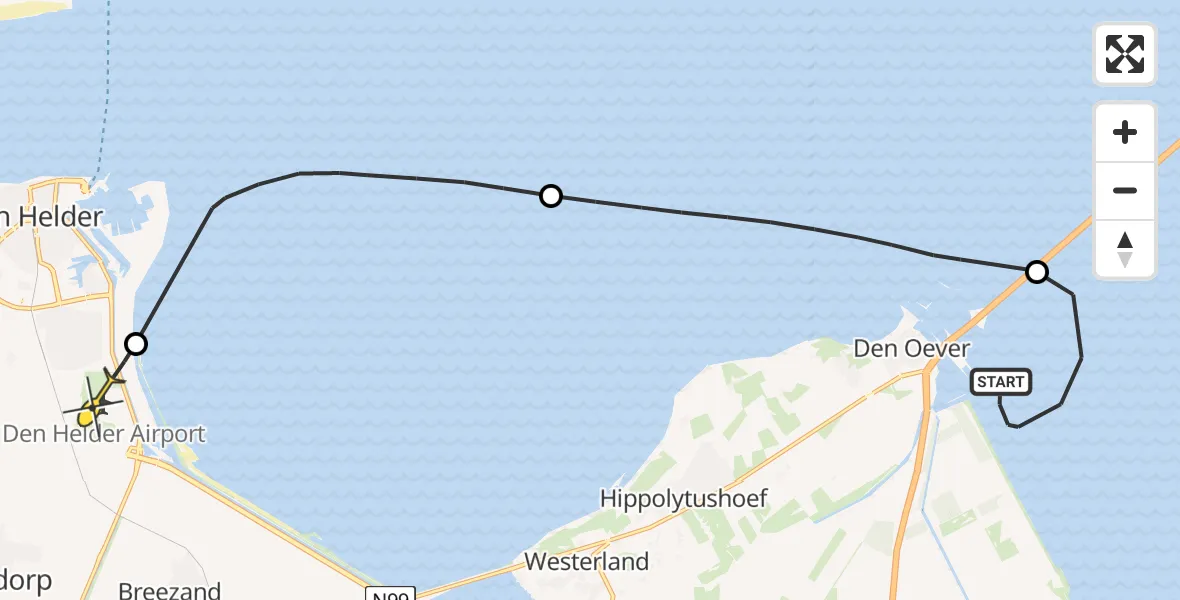 Routekaart van de vlucht: Kustwachthelikopter naar Vliegveld De Kooy, Noorderdijkweg