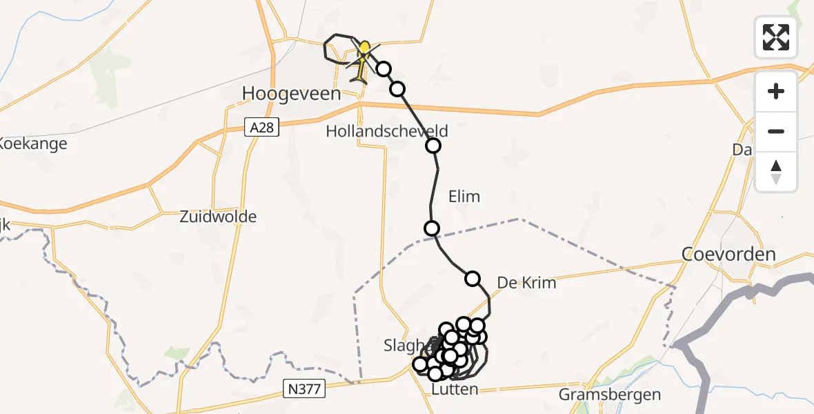 Routekaart van de vlucht: Politieheli naar Vliegveld Hoogeveen, Zwarte Dijk