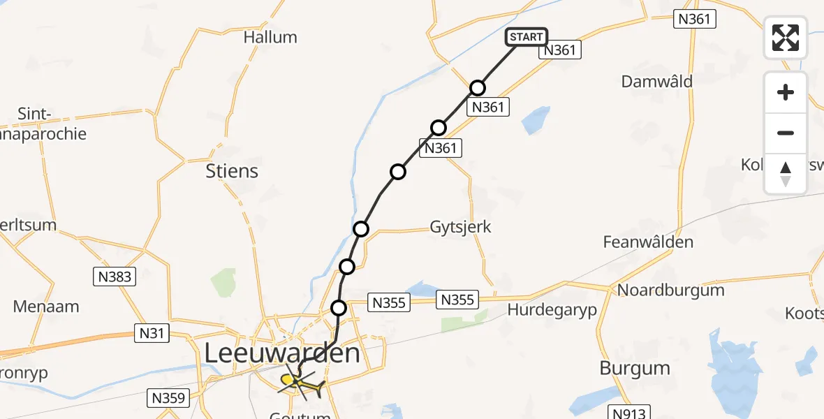 Routekaart van de vlucht: Ambulanceheli naar Leeuwarden, Wierewei