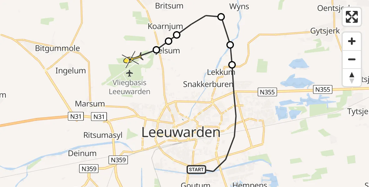 Routekaart van de vlucht: Ambulanceheli naar Vliegbasis Leeuwarden, Lenteklokje