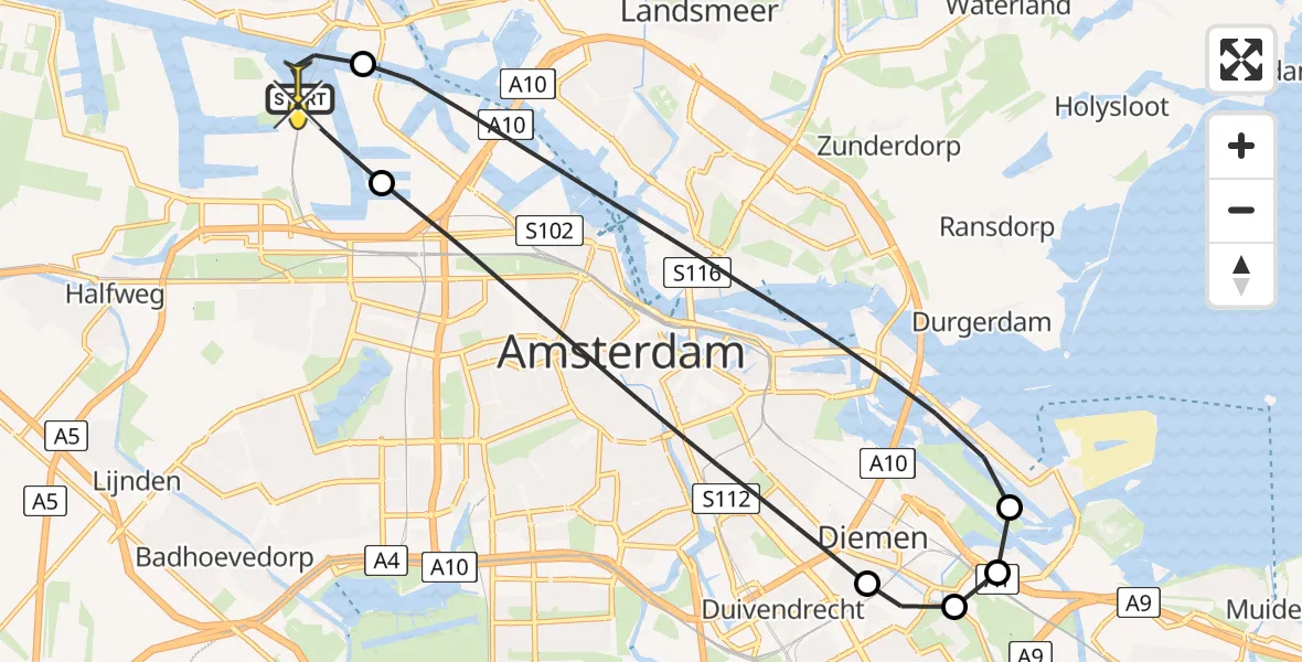 Routekaart van de vlucht: Lifeliner 1 naar Amsterdam Heliport, Westhaven