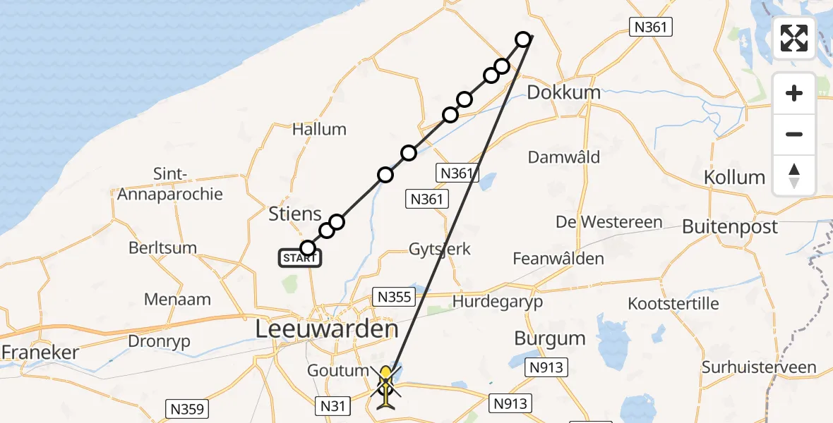 Routekaart van de vlucht: Ambulanceheli naar Wergea, Holwoartelstrjitte