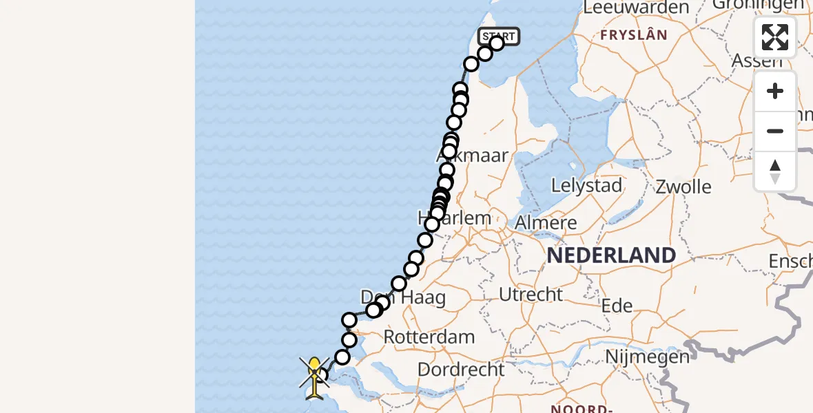 Routekaart van de vlucht: Politiehelikopter naar Renesse, Texel