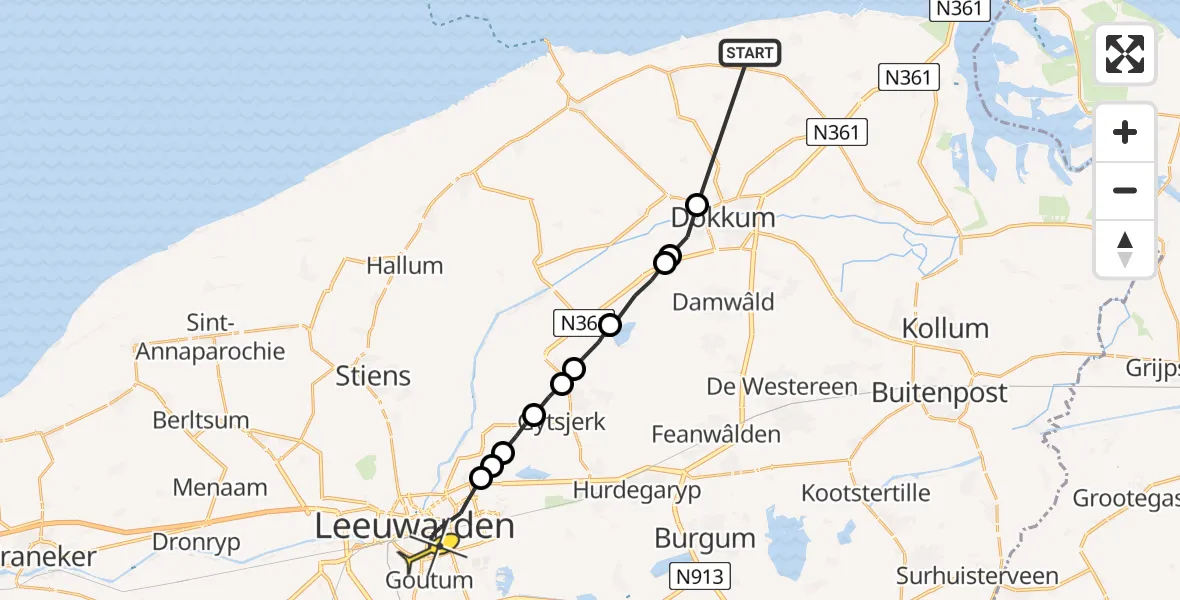 Routekaart van de vlucht: Ambulanceheli naar Leeuwarden, Holwerderweg