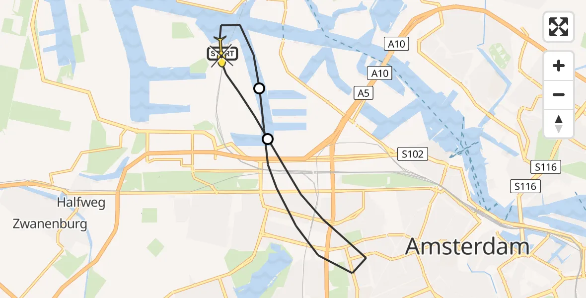 Routekaart van de vlucht: Lifeliner 1 naar Amsterdam Heliport, Maltaweg