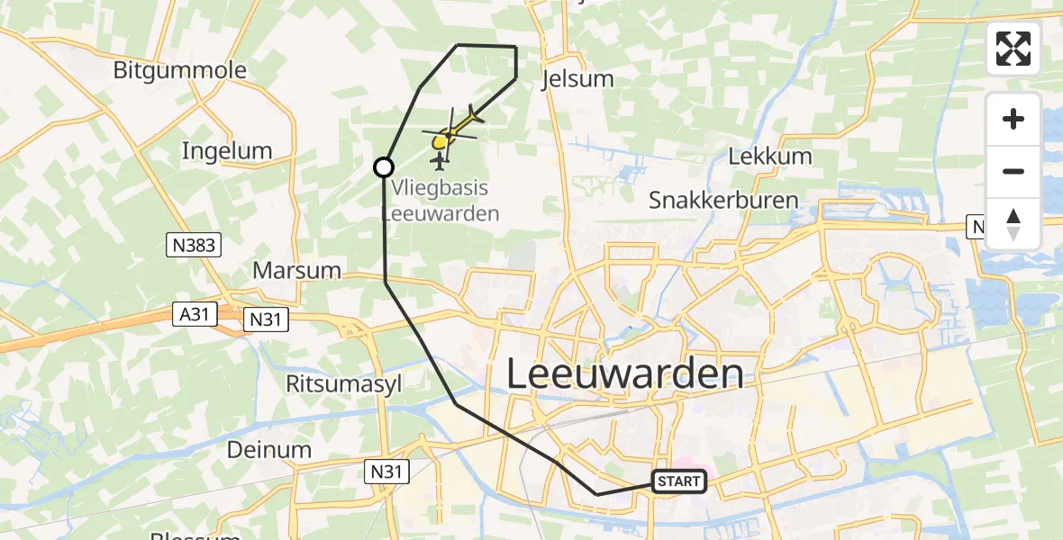 Vluchtroute Ambulancehelikopter van Leeuwarden naar Vliegbasis Leeuwarden