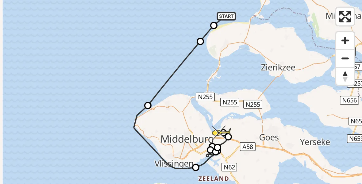 Routekaart van de vlucht: Politiehelikopter naar Vliegveld Midden-Zeeland, Calandweg