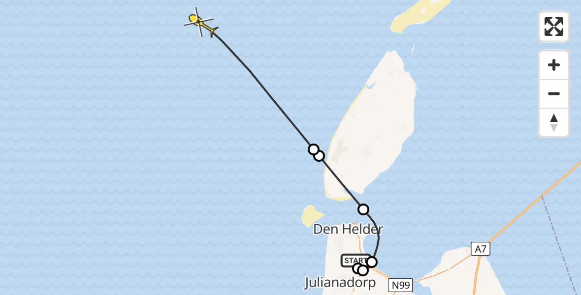 Vluchtroute Kustwachthelikopter van Vliegveld De Kooy naar 