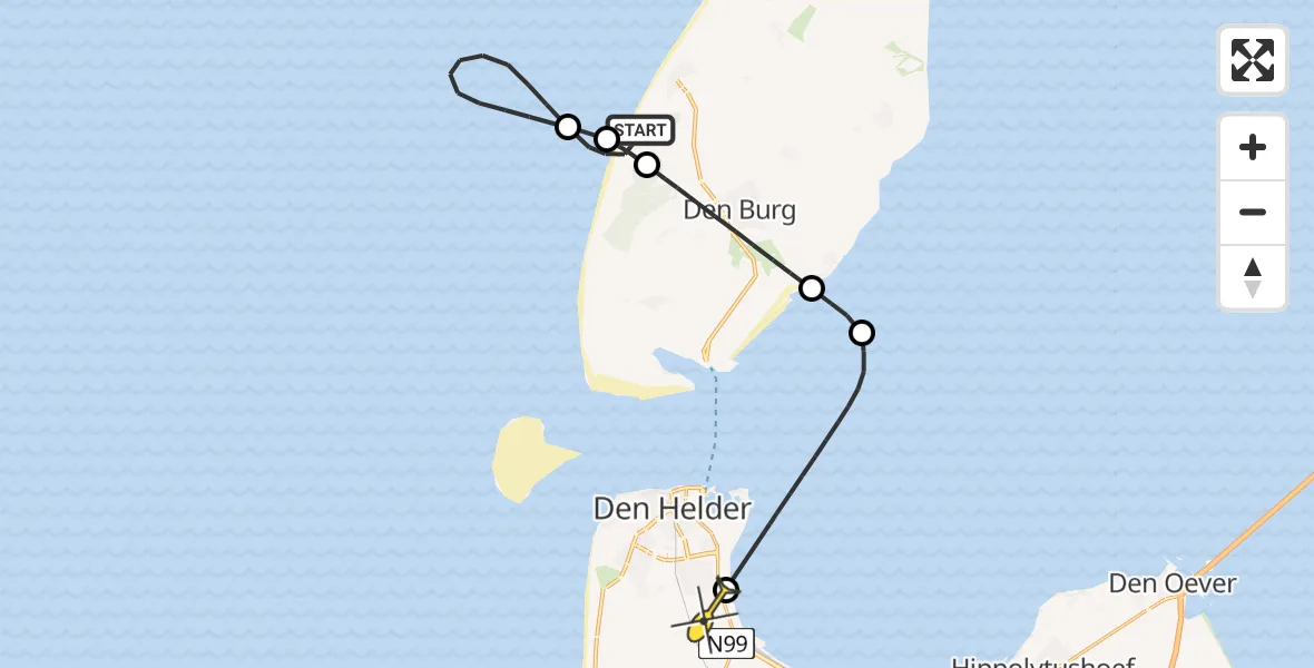 Routekaart van de vlucht: Kustwachthelikopter naar Vliegveld De Kooy, Paal 16