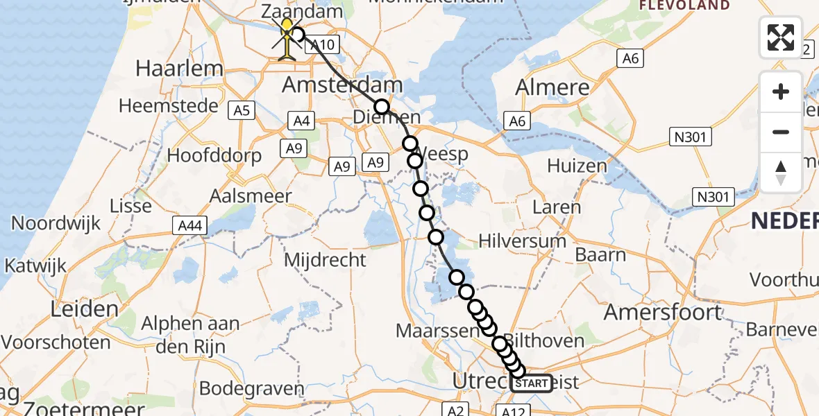 Routekaart van de vlucht: Lifeliner 1 naar Amsterdam Heliport, Harvardlaan