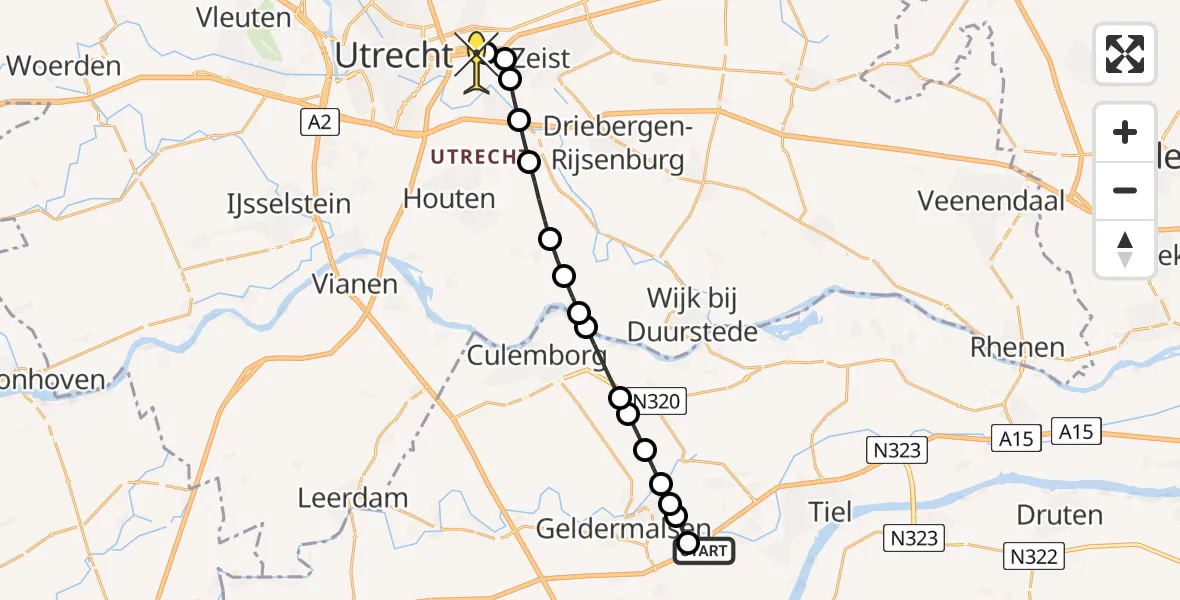 Routekaart van de vlucht: Lifeliner 3 naar Universitair Medisch Centrum Utrecht, Tielerweg