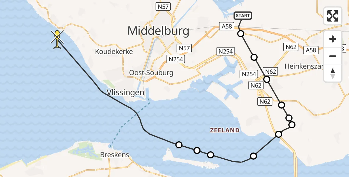 Routekaart van de vlucht: Kustwachthelikopter naar Vlissingen, Postweg