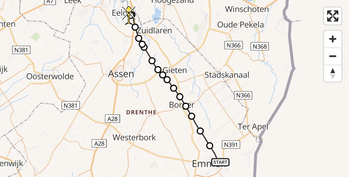 Routekaart van de vlucht: Lifeliner 4 naar Groningen Airport Eelde, Sparrenlaan