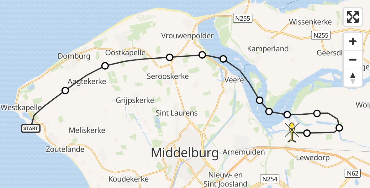 Routekaart van de vlucht: Kustwachthelikopter naar Vliegveld Midden-Zeeland, Poppekerkseweg