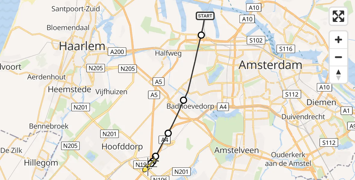 Routekaart van de vlucht: Lifeliner 1 naar Schiphol, Nieuw-Zeelandweg