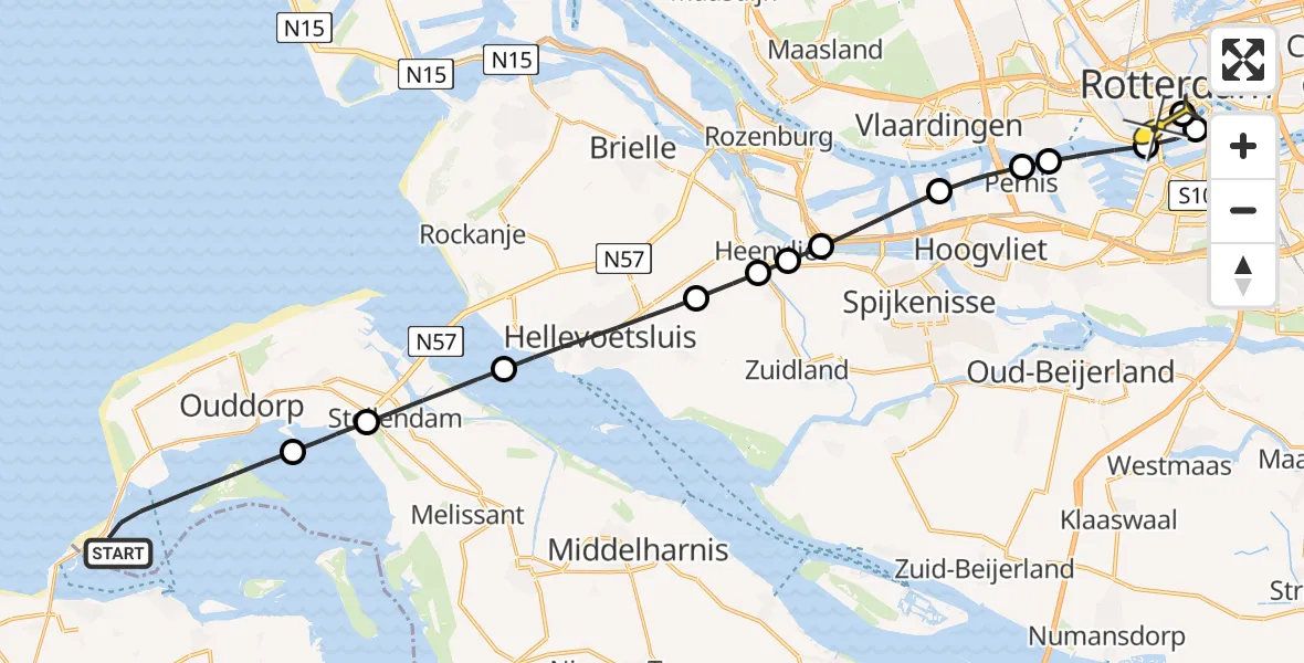 Routekaart van de vlucht: Lifeliner 2 naar Erasmus MC, Brouwersdam binnenzijde