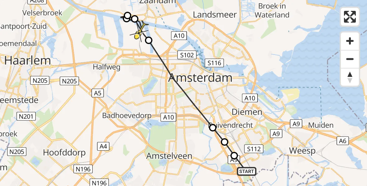 Routekaart van de vlucht: Lifeliner 1 naar Amsterdam Heliport, Muntbergweg