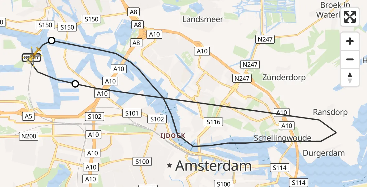 Vluchtroute Traumahelikopter van Amsterdam Heliport naar Amsterdam Heliport