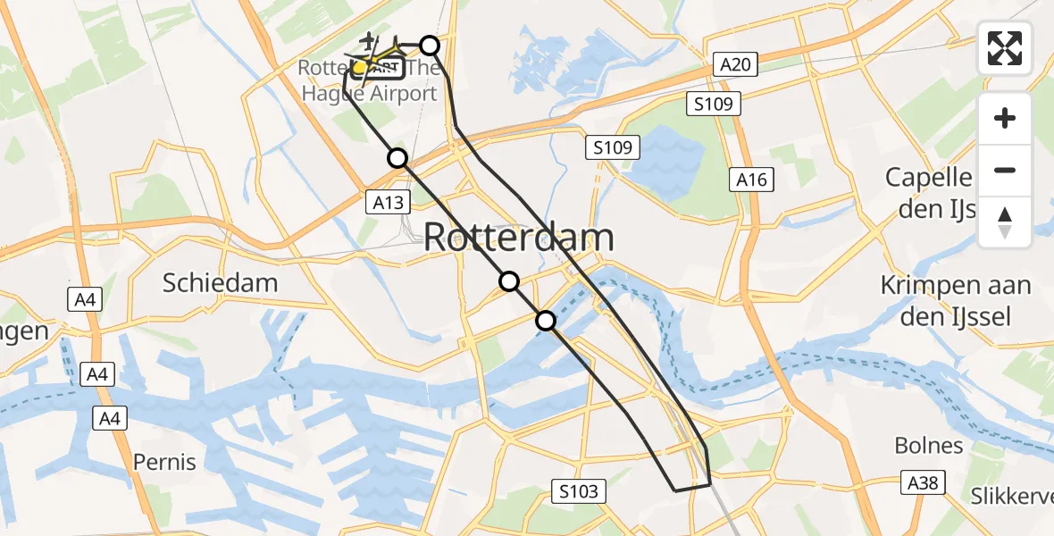 Routekaart van de vlucht: Lifeliner 2 naar Rotterdam The Hague Airport, Polderbrug