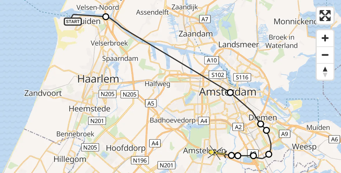 Routekaart van de vlucht: Politieheli naar Amstelveen, Zuidersluisweg