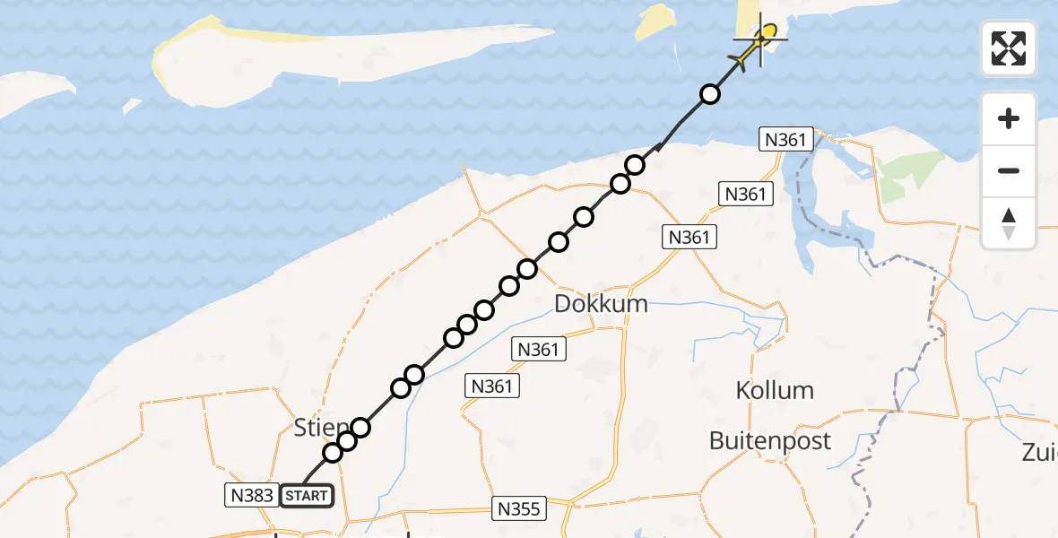 Routekaart van de vlucht: Ambulanceheli naar Schiermonnikoog, Bitgumerlân