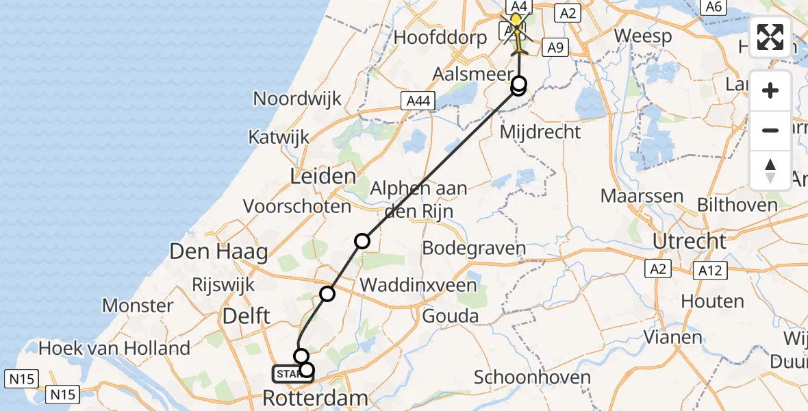 Routekaart van de vlucht: Politiehelikopter naar Amstelveen, Rotterdam Airportplein