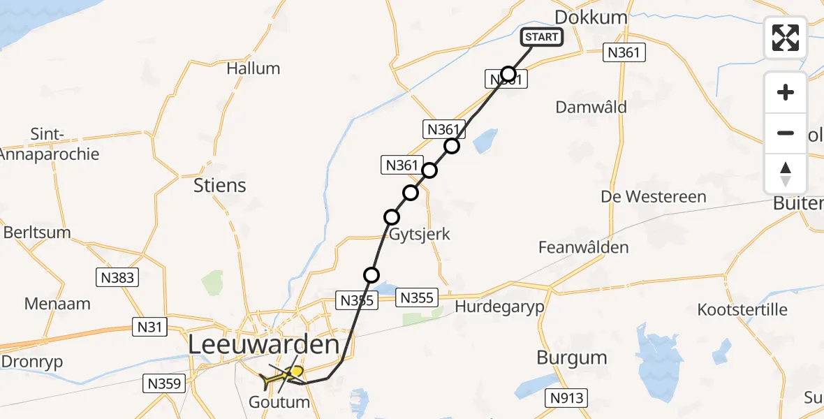 Routekaart van de vlucht: Ambulanceheli naar Leeuwarden, Wâldfeart