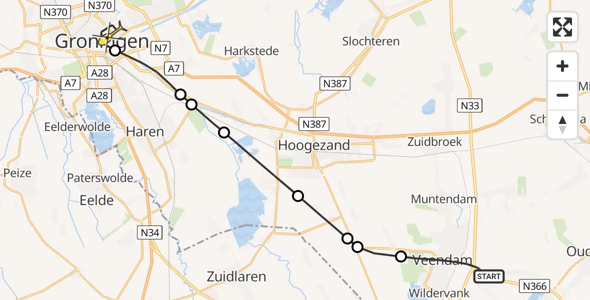 Routekaart van de vlucht: Lifeliner 4 naar Universitair Medisch Centrum Groningen, Cereslaan