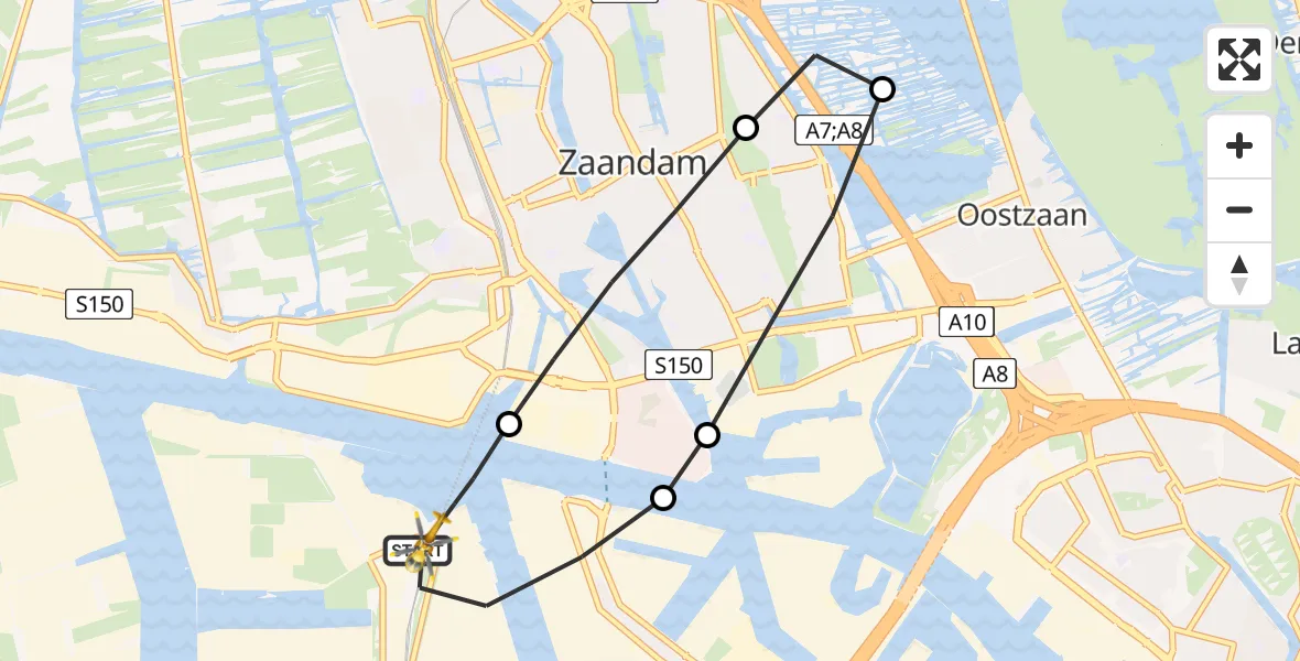 Vluchtroute Traumahelikopter van Amsterdam Heliport naar Amsterdam Heliport
