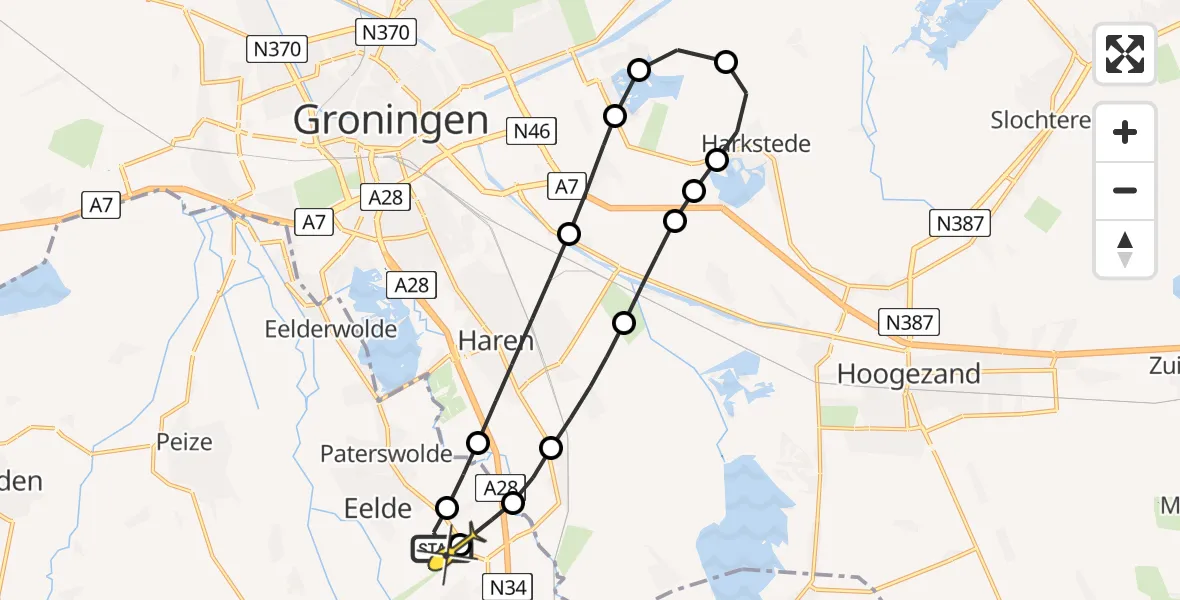 Routekaart van de vlucht: Lifeliner 4 naar Groningen Airport Eelde, Burgemeester J.G. Legroweg