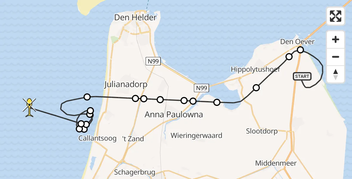 Routekaart van de vlucht: Kustwachthelikopter naar Noorderkwelweg