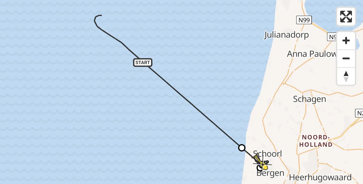 Routekaart van de vlucht: Kustwachthelikopter naar Schoorl, Paardenweide