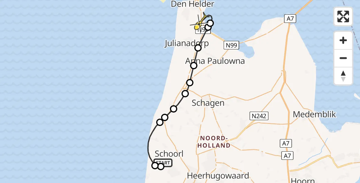 Routekaart van de vlucht: Kustwachthelikopter naar Vliegveld De Kooy, Helmweg