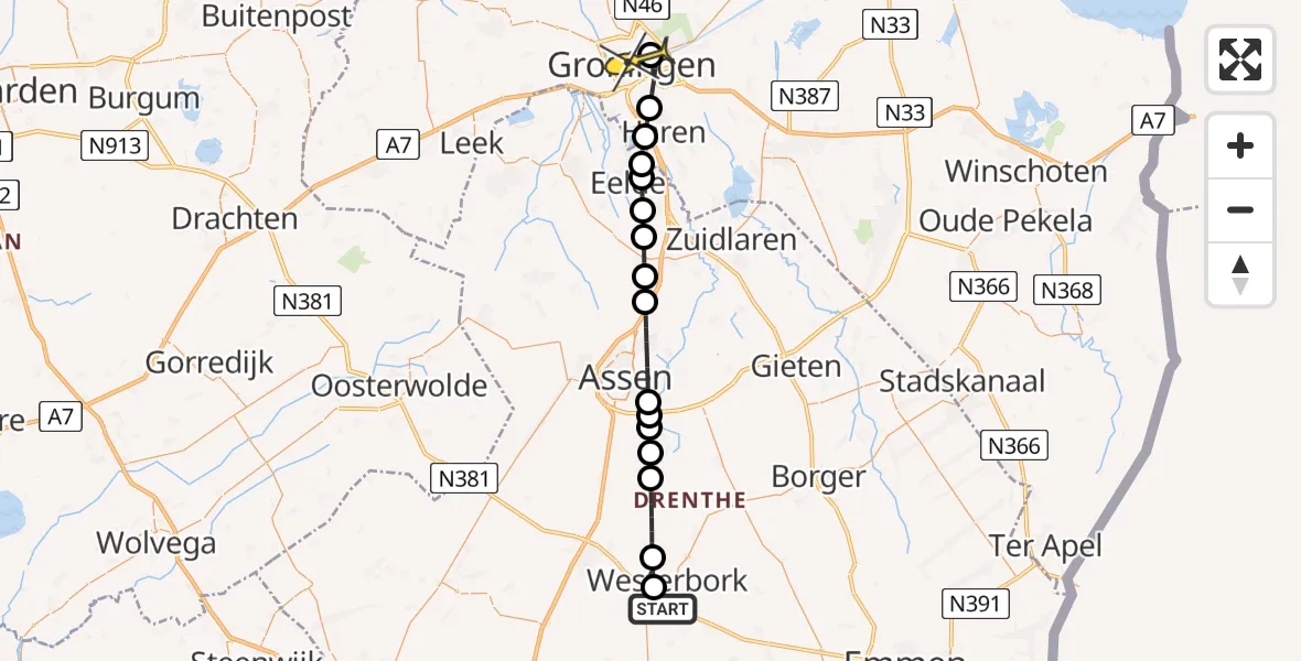 Routekaart van de vlucht: Lifeliner 4 naar Universitair Medisch Centrum Groningen, Twee Provinciënweg