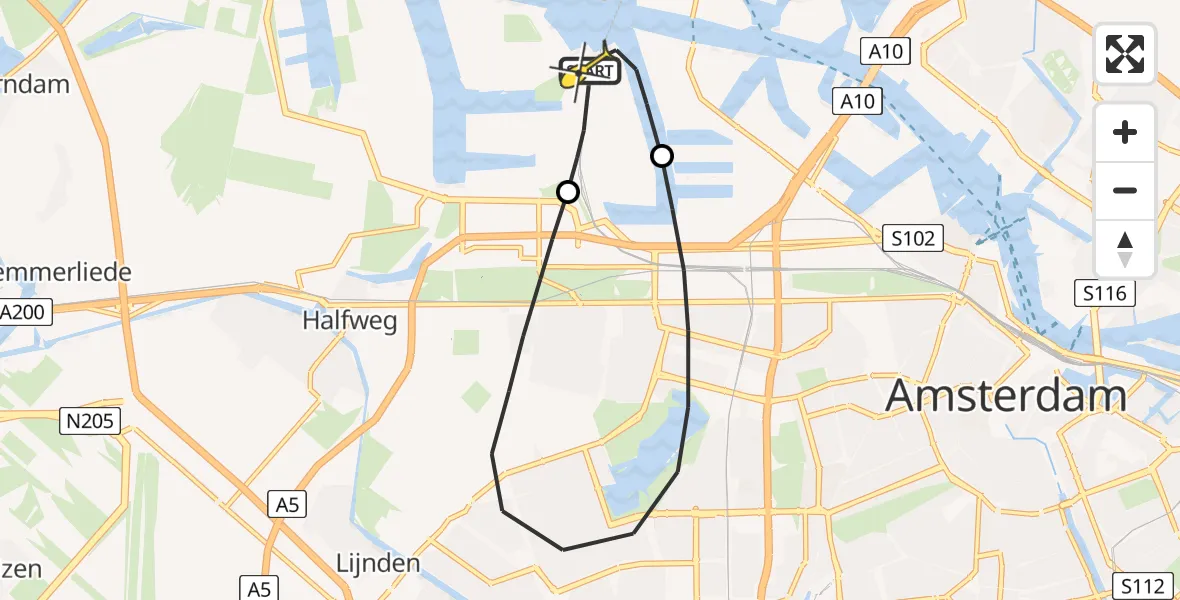 Routekaart van de vlucht: Lifeliner 1 naar Amsterdam Heliport, Nieuw-Zeelandweg