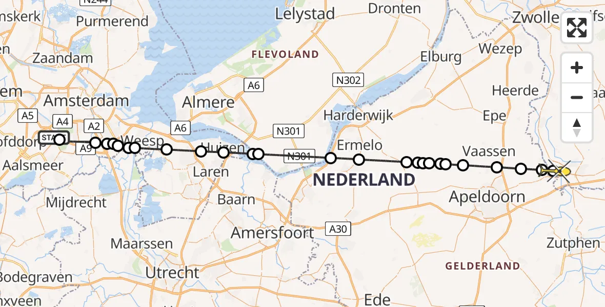 Routekaart van de vlucht: Politiehelikopter naar Deventer, Amsterdam-Bataviaweg